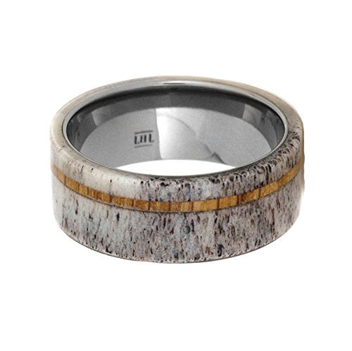 Deer Antler, Oak Wood 6mm Comfort-Fit Titanium Ring, Size 11