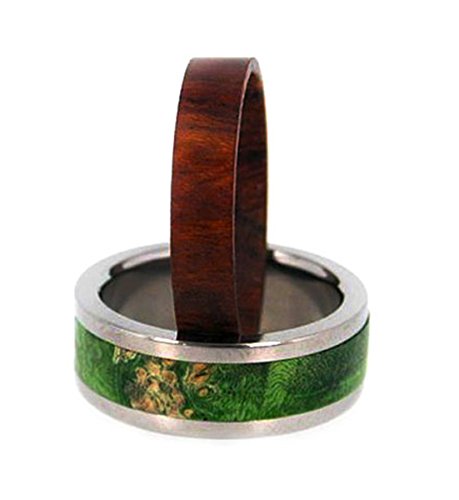 Two Rings in One: Green Box Elder Burl or Ironwood 9mm Comfort-Fit Titanium Band, Size 13