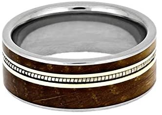 Whiskey Barrel Oak Wood, Cello String, 10k Yellow Gold 8mm Titanium Comfort-Fit Band, Size 4.25
