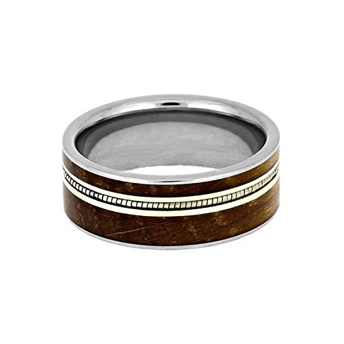 The Men's Jewelry Store (Unisex Jewelry) Whiskey Barrel Oak Wood, Cello String, 10k Yellow Gold 8mm Titanium Comfort-Fit Band, Size 10