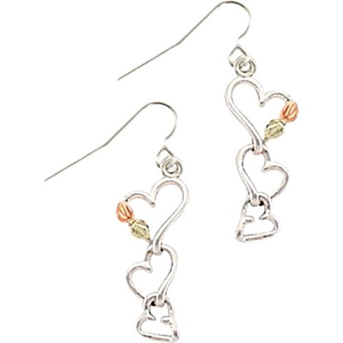 Graduated Heart Dangle Earrings, Sterling Silver, 12k Green and Rose Gold Black Hills Gold Motif