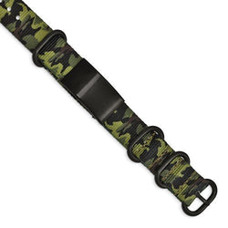 Men's Brushed Stainless Steel Black IP Green Camo Fabric Adjustable ID Bracelet, 9.75"