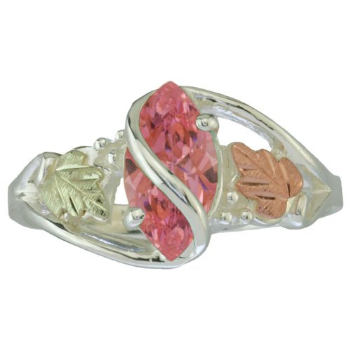 Pink CZ Marquise Ring, Sterling Silver, 12k Green and Rose Gold Black Hills Gold Motif, Size 8.5