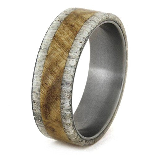 The Men's Jewelry Store (Unisex Jewelry) Black Ash Wood Burl, Deer Antler 8mm Comfort-Fit Matte Titanium Wedding Ring