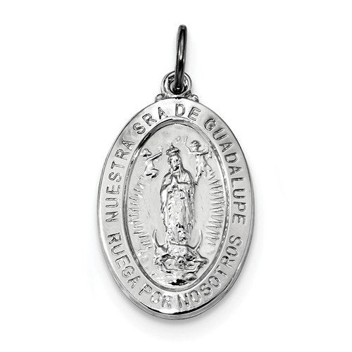 Rhodium-Plated Sterling Silver Spanish Lady Of Guadalupe Medal Pendant (26.5X16MM)