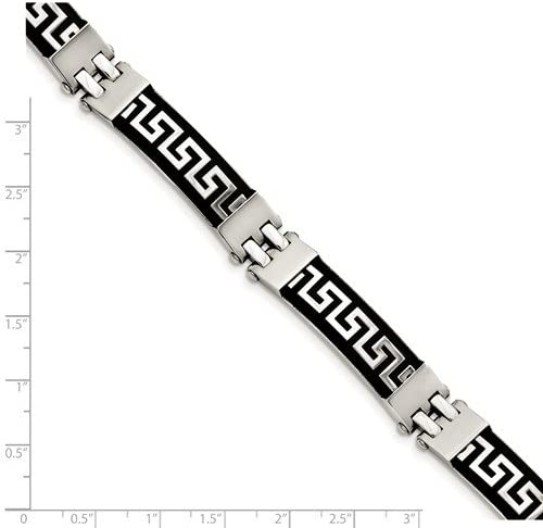 Men's Stainless Steel 11mm Black Rubber with Greek Key Design Link Bracelet, 8 Inches