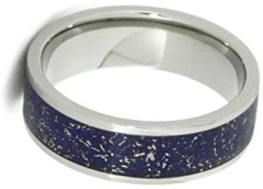 Blue Stardust with Meteorite and 14k Yellow Gold 7mm Comfort-Fit Titanium Ring, Size 5.75