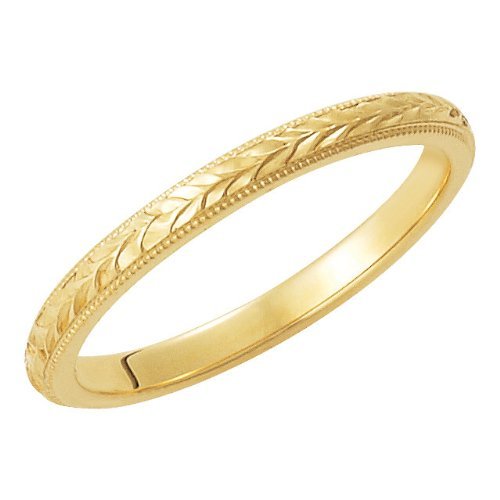 2mm 14k Yellow Gold Hand Engraved Wheat Pattern Milgrain Flat Edge Band, Size 5 to 12