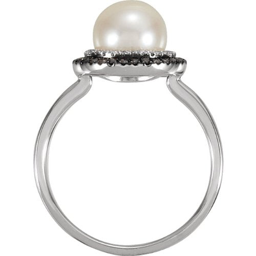 14k White Gold Freshwater Cultured Pearl, Black and White Diamond Halo Ring, Size 6 to 7