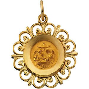 Rhodium Plated 14k Yellow Gold Round Baptismal Medal (18.5 MM)