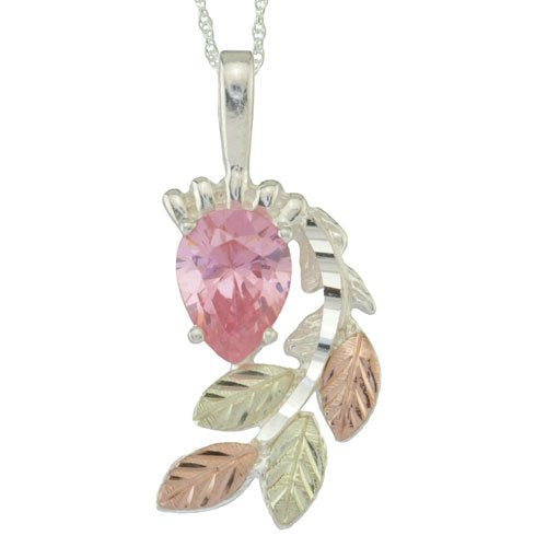 Pink CZ Pear Pendant Necklace, Sterling Silver, 12k Green and Rose Gold Black Hills Gold Motif, 18''