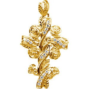 Diamond Floral Style Cross 14k Yellow Gold Pendant