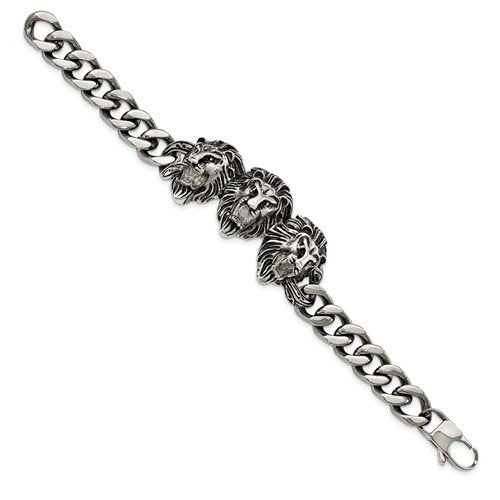 Men's Polished Stainless Steel Antiqued Lion Head Link Bracelet, 8.5"