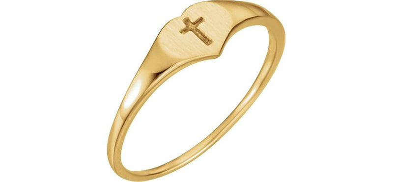 Girls's Heart and Cross 4.25mm Signet Ring, 14k Yellow Gold, Size 3