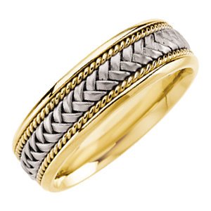 6.75mm 14k White and Yellow Gold Comfort Fit Hand Woven and Rope Trim Band, Size 5.5