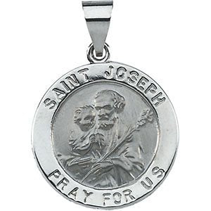 Rhodium Plated 14k White Gold Hollow Round St. Joseph Medal (18.25 MM)