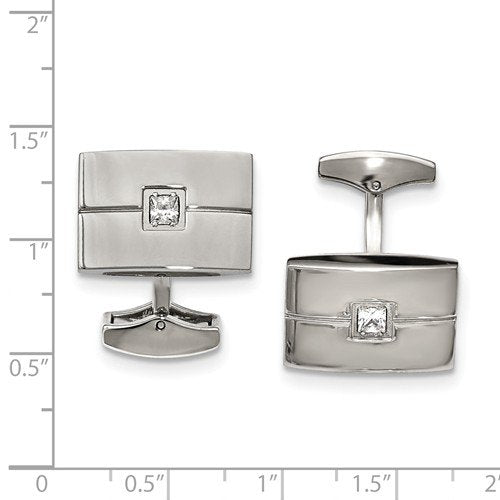 Stainless Steel Polished White Cubic Zirconia Rectangle Cuff Links