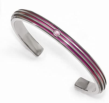 Titanium, Pink Anodized Grooved .15 Ct Pink Sapphire 7mm Cuff Bracelet