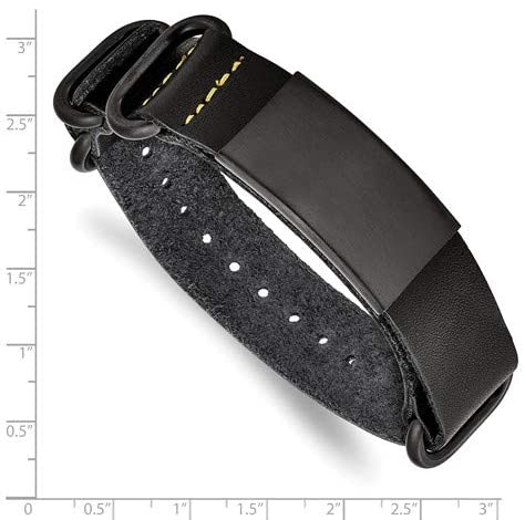 Men's Black Leather, Brushed Black IP, Stainless Steel Adjustable ID Buckle- Clasp Bracelet