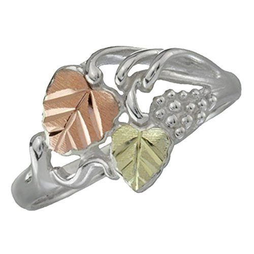 Leaf and Grape Cluster Cocktail Ring, Sterling Silver, 12k Green and Rose Gold Black Hills Gold Motif, Size 10