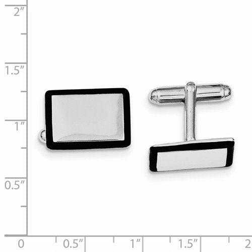 Rhodium-Plated Sterling Silver, Black Enamel Rectangle Cuff Links, 19X15MM