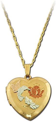 Hummingbird Heart Locket Pendant, 10k Yellow Gold, 12k Green and Rose Gold Black Hills Gold Motif, 18"