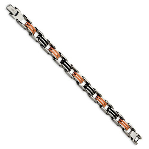 Men's Polished Stainless Steel 9mm Black and Orange Rubber Bracelet, 8.75"