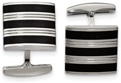 Stainless Steel Grooved Black Rubber Stripes Cuff Links