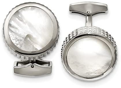 Stainless Steel Studded Round Mother of Pearl Cuff Links