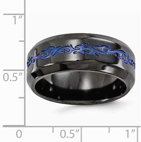 Anodized Collection Black Titanium Patterned Blue Anodized Scrollwork 9mm Wedding Band, Size 9