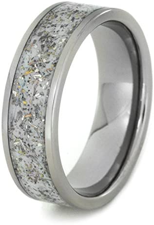 White Meteorite Ring with 14k Yellow Gold Flecks 7mm Comfort-Fit Titanium Band, Size 5.75