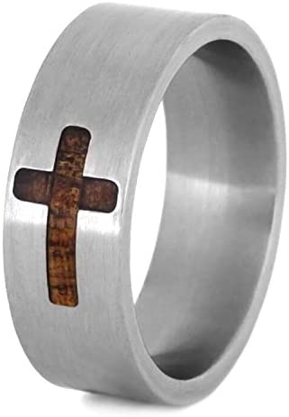 Koa Wood Cross Design 8mm Brushed Titanium Comfort-Fit Wedding Ring, Size 8