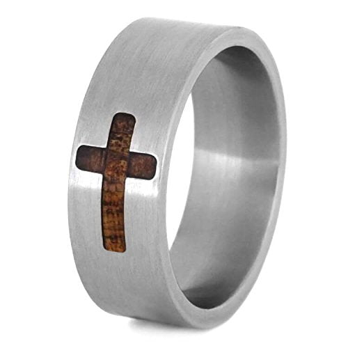 Koa Wood Cross Design 8mm Brushed Titanium Comfort-Fit Wedding Ring
