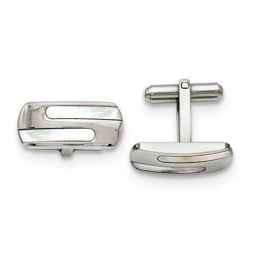 Stainless Steel Polished Mother of Pearl Rectangle Cuff Links, 22X10MM