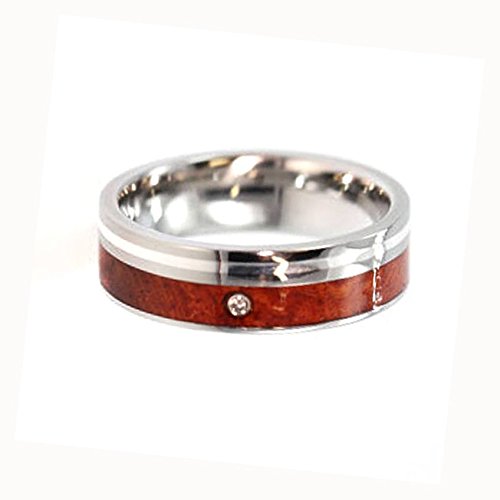 Diamond Solitaire, Amboyna Wood, Sterling Silver 7mm Comfort Fit Titanium Band