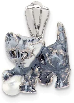 Rhodium Plating Sterling Silver Grey and White Enamel Kitten Pendant Playing with Ball (15X16MM)