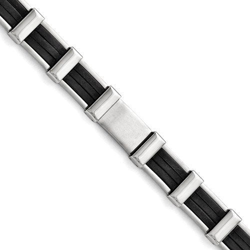 Men's Polished and Brushed Stainless Steel Black Rubber Bracelet, 8.25"