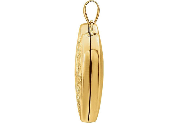 14k Yellow Gold Motiff Design Heart Locket with Design on Back of Locket