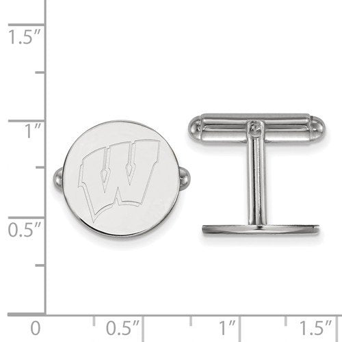 Rhodium-Plated Sterling Silver University Of Wisconsin Round Cuff Links, 15MM