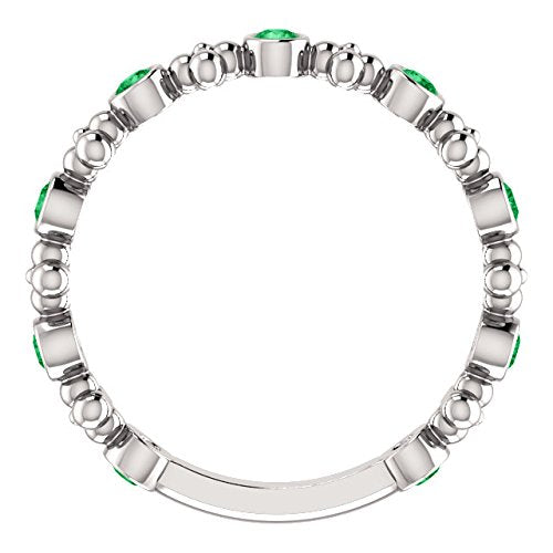 Genuine Emerald Beaded Ring , Rhodium-Plated 14k White Gold