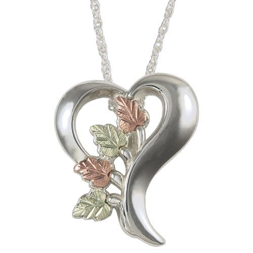 Heart Pendant Necklace, Sterling Silver, 12k Green and Rose Gold Black Hills Gold Motif, 18''