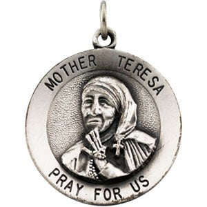 Sterling Silver Round Mother Teresa Medal Pendant Necklace, 18" (18 MM)