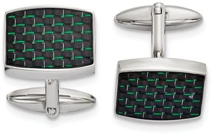 Stainless Steel Black Green Carbon Fiber Inlay Rectangle Cuff Links, 22.72MMX19.25MM