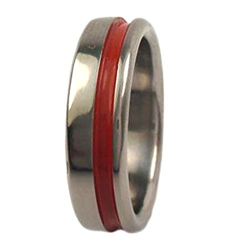 Red Grooved Pinstripe 5mm Comfort Fit Titanium Wedding Band, Size 10