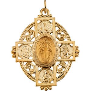 14k Yellow Gold Miraculous Cross Medal (35x28 MM)