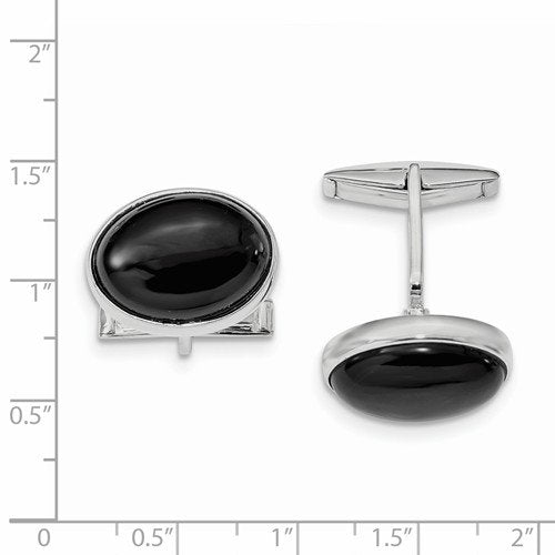 Rhodium-Plated Sterling Silver Cabochon Onyx Round Cuff Links, 28.3X19.5MM