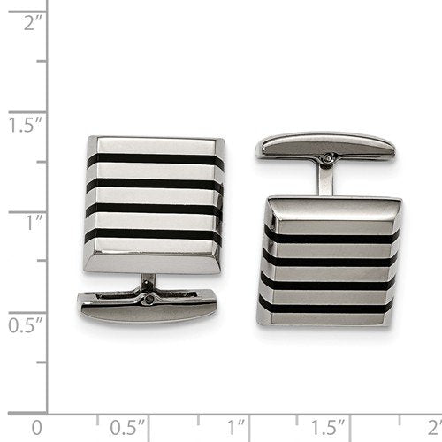 Stainless Steel Polished Black Rubber, Whale Back, Square Cuff Links