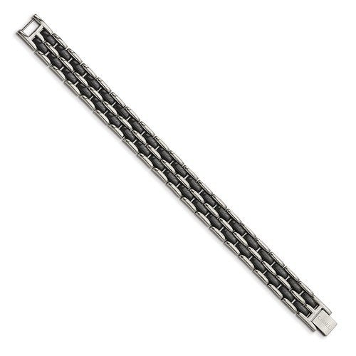 Men's Polished Stainless Steel Double Row Black Ceramic Link Bracelet, 8.25"