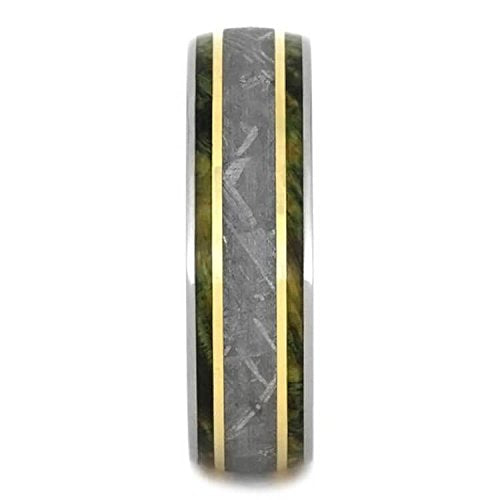 Gibeon Meteorite, Green Box Burl, 14k Yellow Gold 7mm Titanium Comfort-Fit Wedding Ring