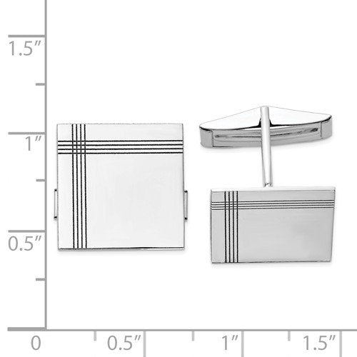 Rhodium-Plated 14k White Gold Square with Line Design Cuff Links, 17MM
